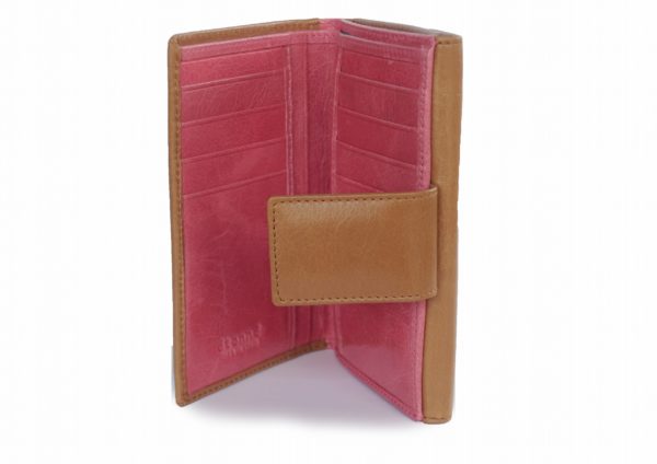 二つ折り財布キャメルとピンクのツートンカラー　スペイン製　イタリアンレザーの手作り革製品