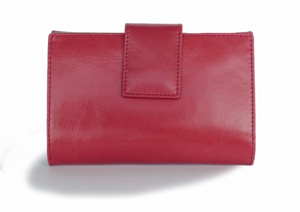 二つ折り財布　赤とグリーンツートンカラー　スペイン製　イタリアンレザーの手作り革製品